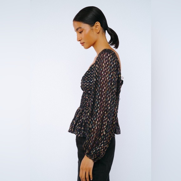 CIEBON Geena Metallic Navy Chiffon Knot Front Long Sleeve Peplum Top XS - Picture 6 of 12